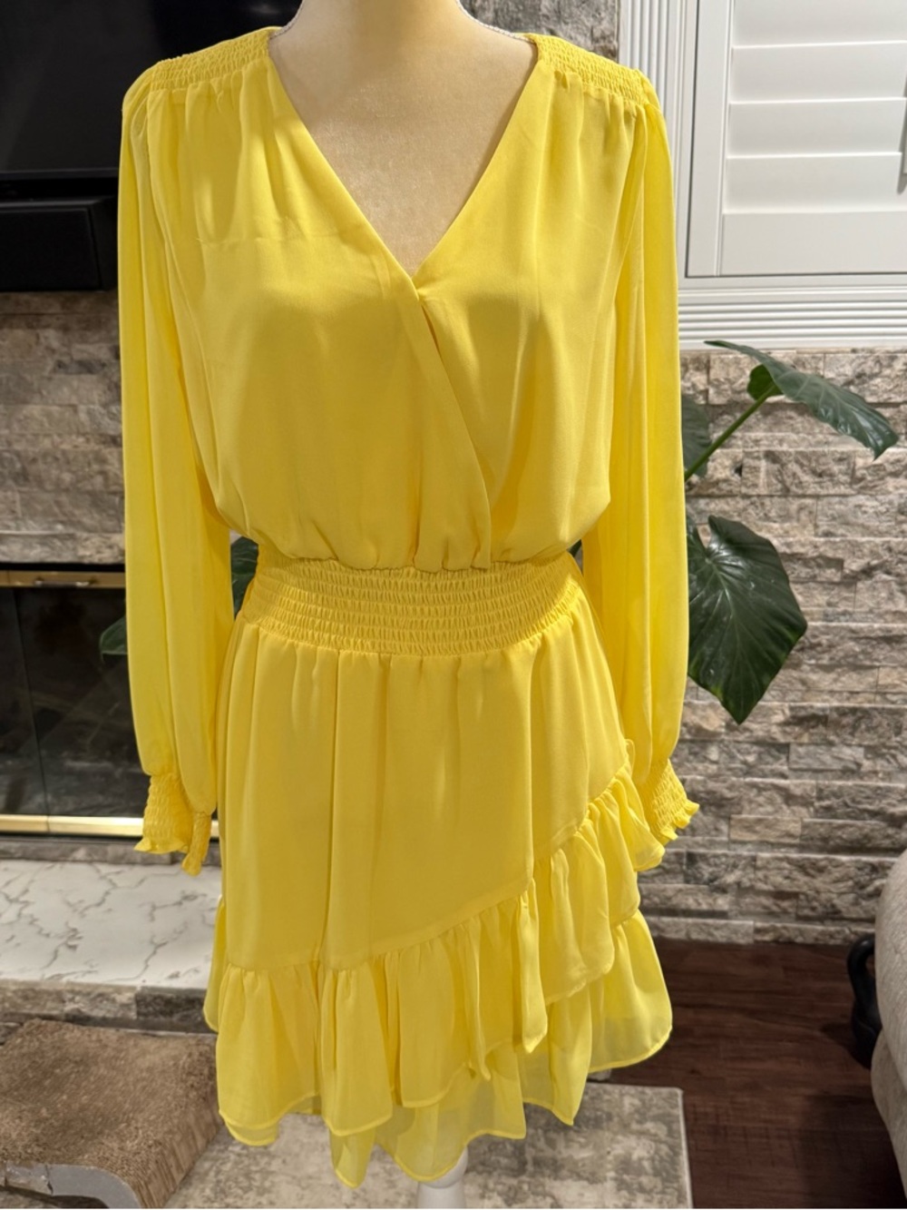 Vince Camuto Bright Yellow Smocked Waist Ruffle Mini Dress